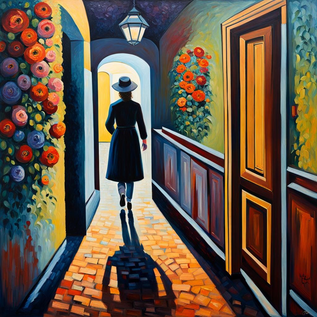 Mysterious Hallway with Woman's Shadow in Expressionist Styl...