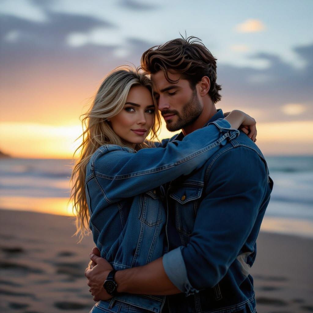 Couple Embracing on Beach at Sunset Cinematic Film Still