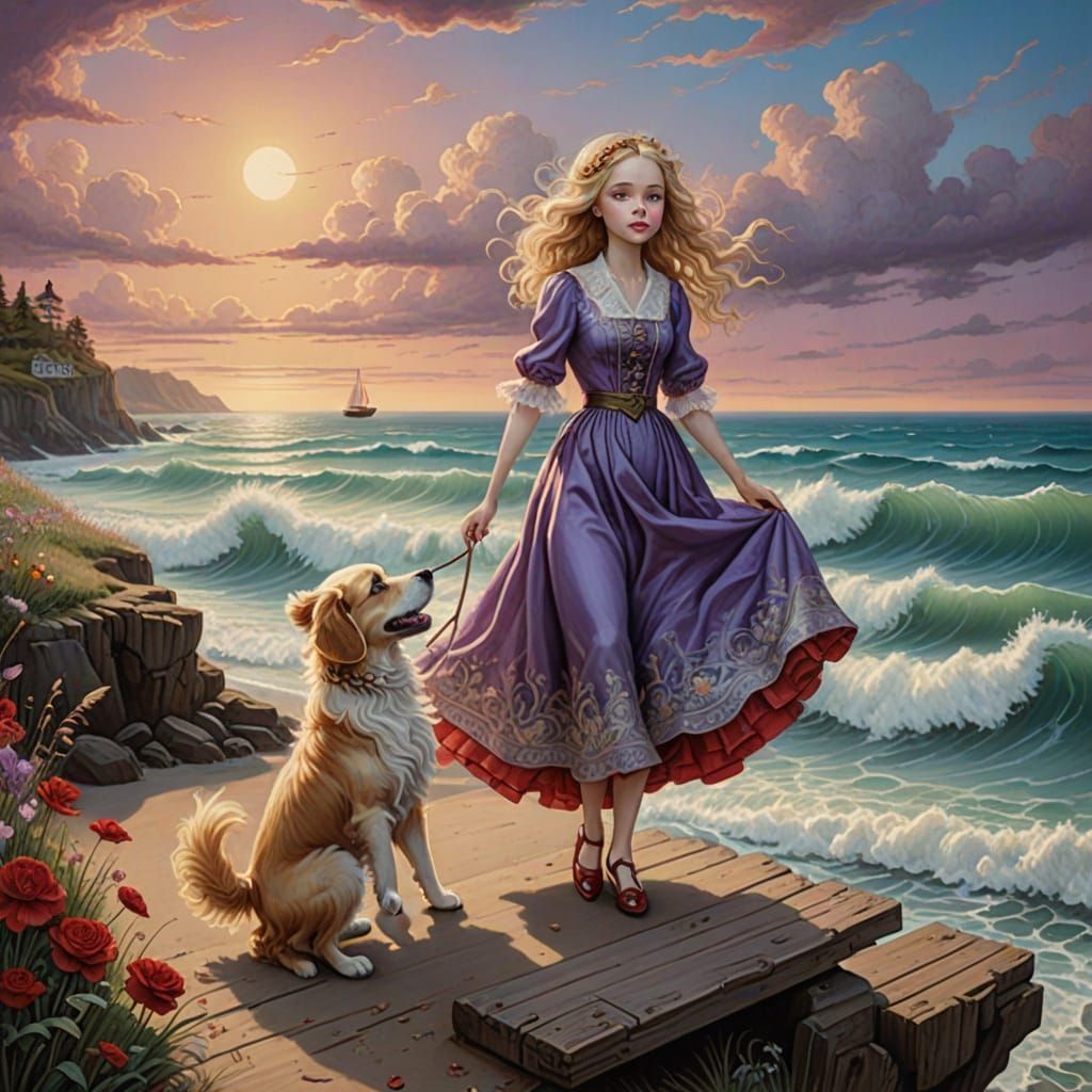 Whimsical Seascape with Golden Retriever, Illustrative Style