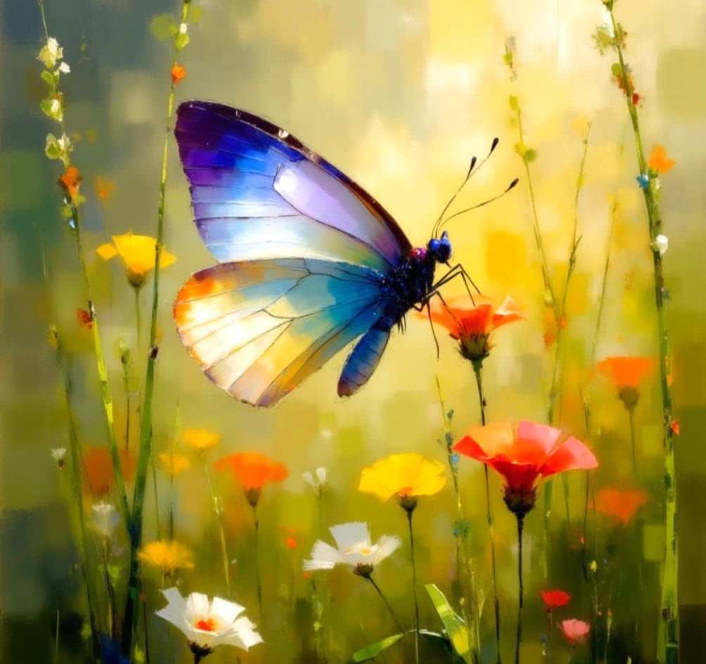 Whimsical Blue Butterfly in Sunlit Meadow