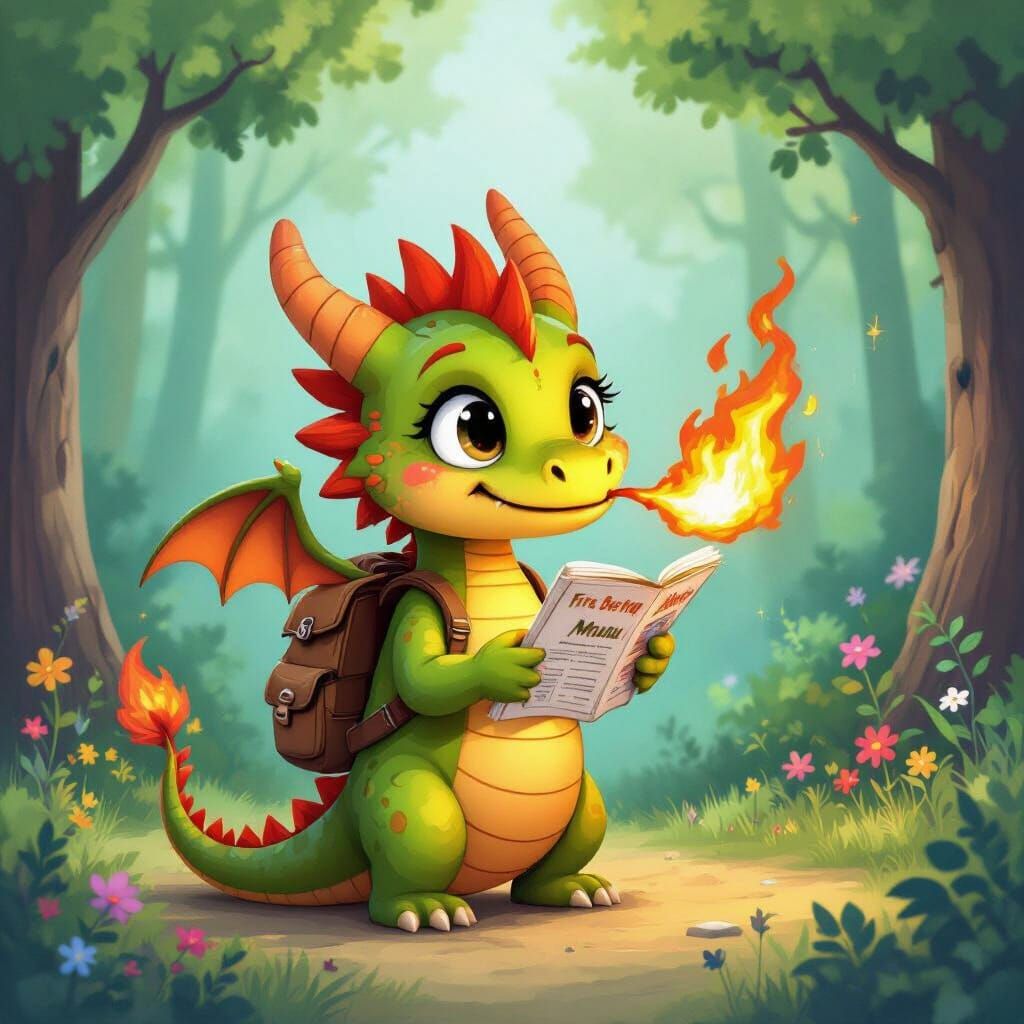 Cartoon Dragon Learns to Breathe Fire in Forest