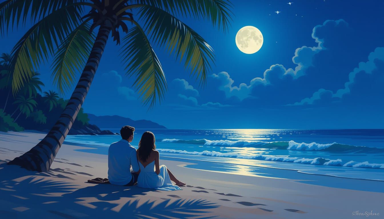 Romantic Couple on Moonlit Beach: Oil Painting