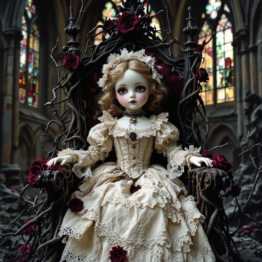 Porcelain Doll on Throne in Gothic Cathedral
