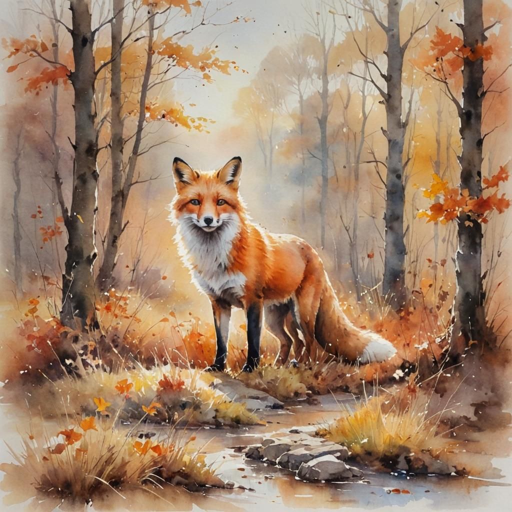 Watercolor Autumn Landscape with Fox in Haenraets Style