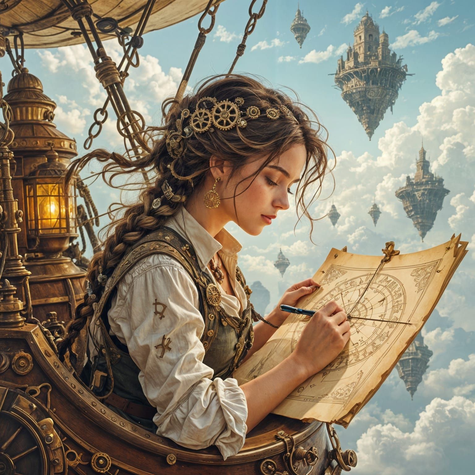Woman Sketches Runes on Celestial Map Aboard Airship