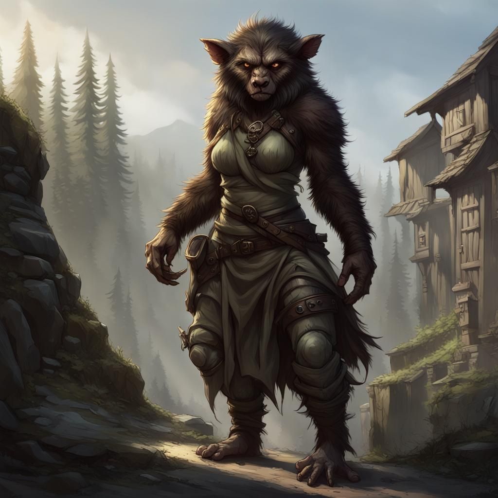 Female Bugbear Rogue in Dark Fantasy Style