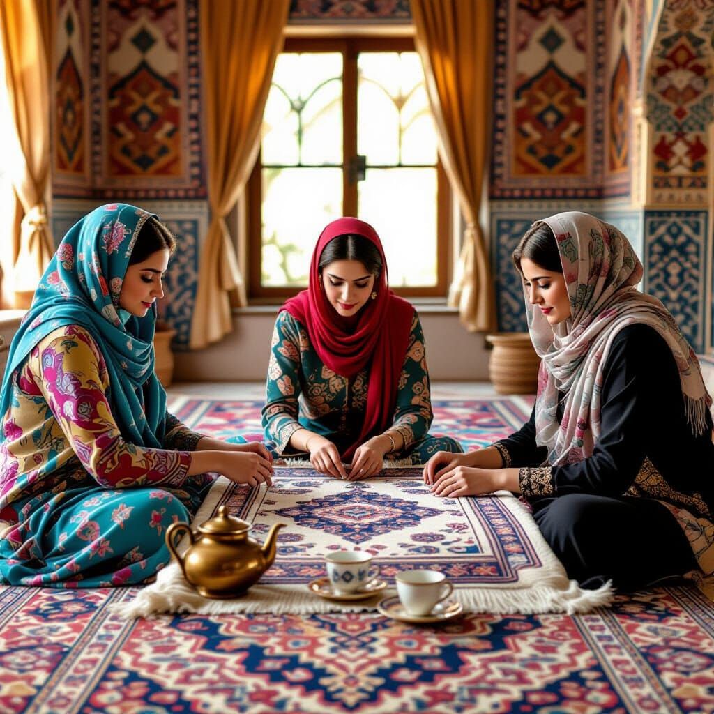 Persian Ladies Weaving Intricate Carpets in Architectural Ho...