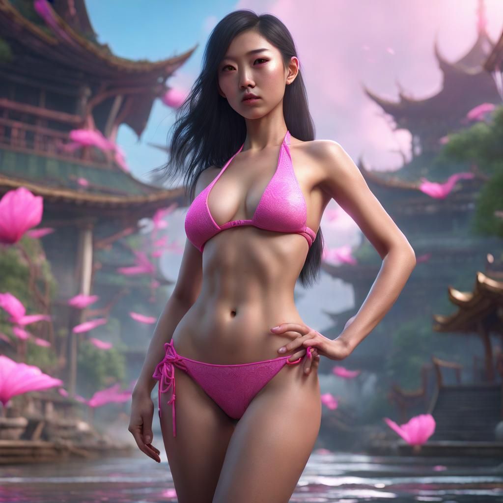 Asian Woman in Pink Bikini: Detailed Digital Painting