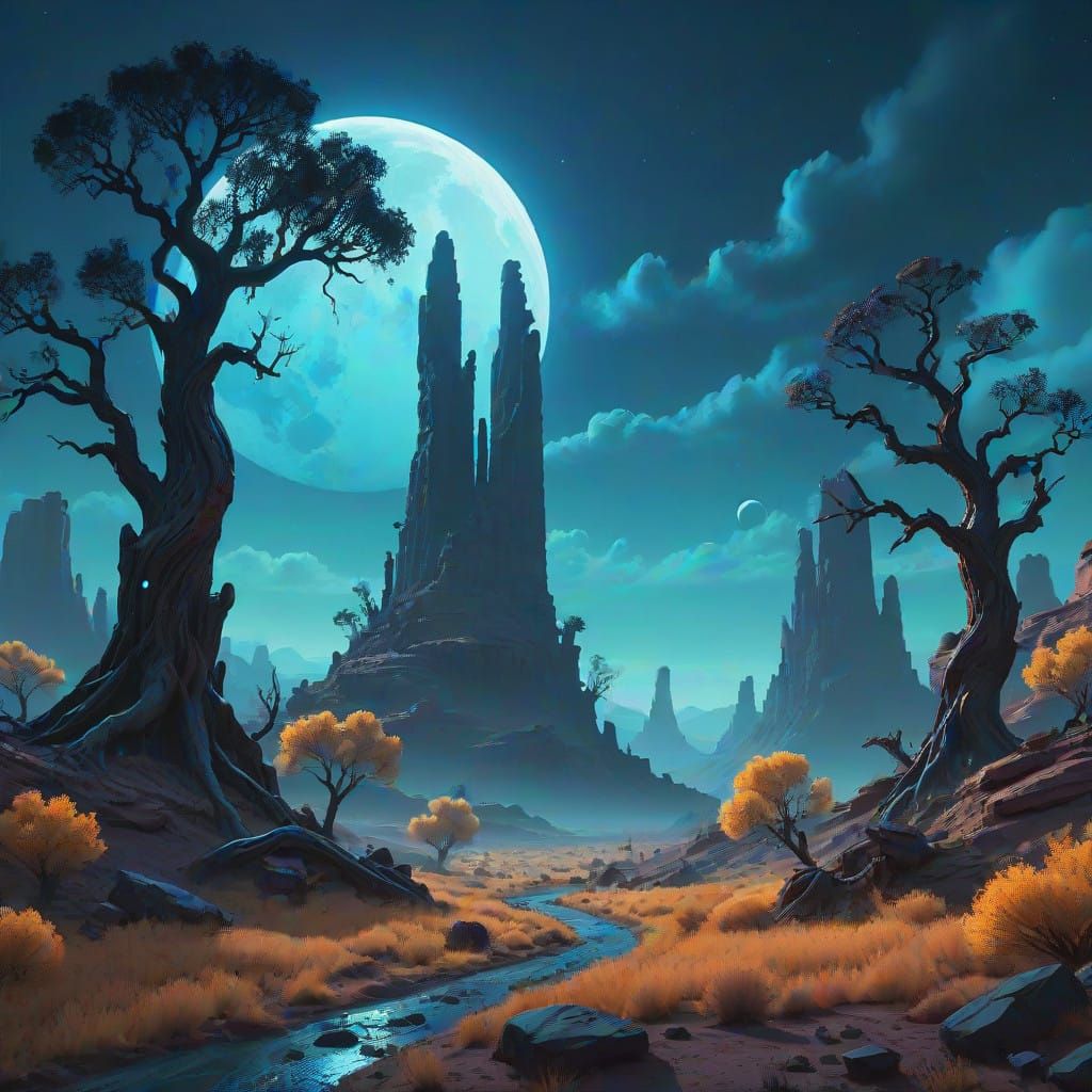 Ethereal Gods' Valley Under Dark Blue Moonlight