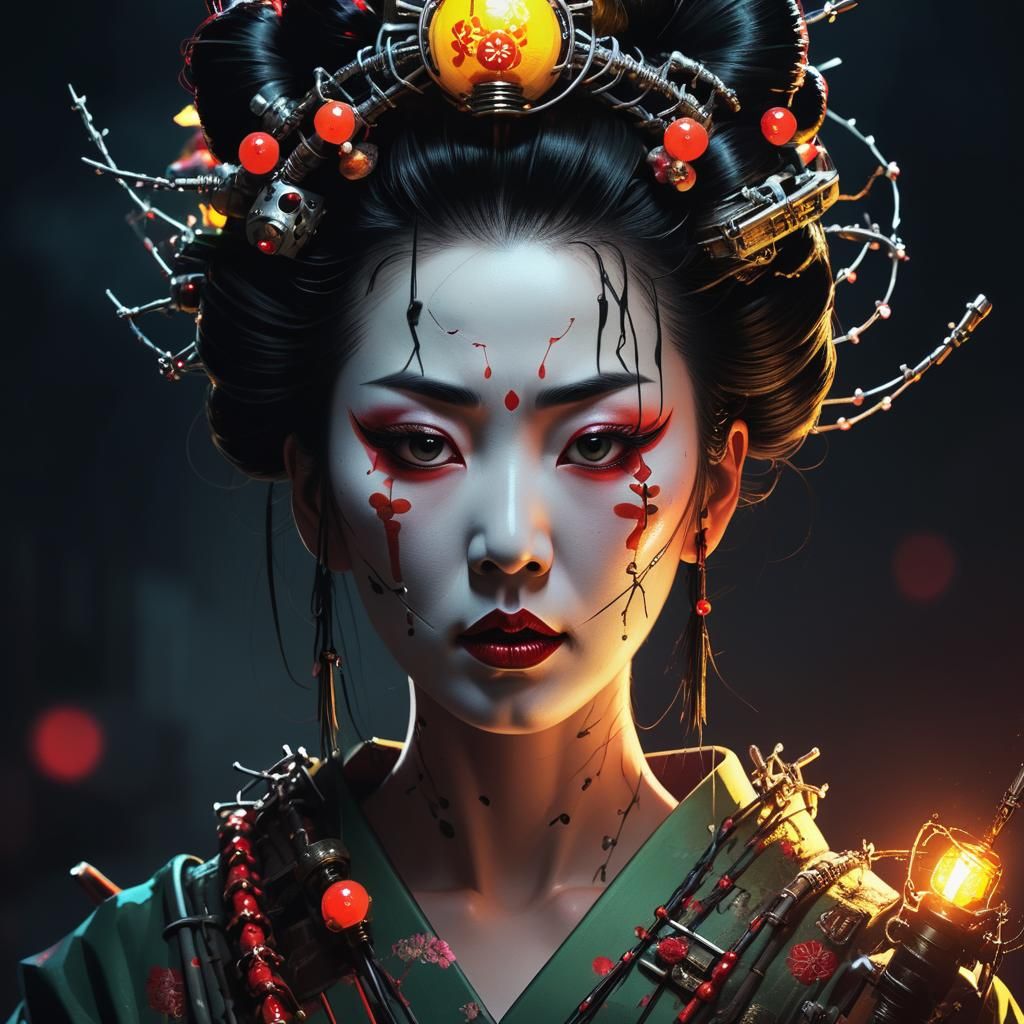 Hyper-realistic digital art. Close-up portrait. Geisha with ...