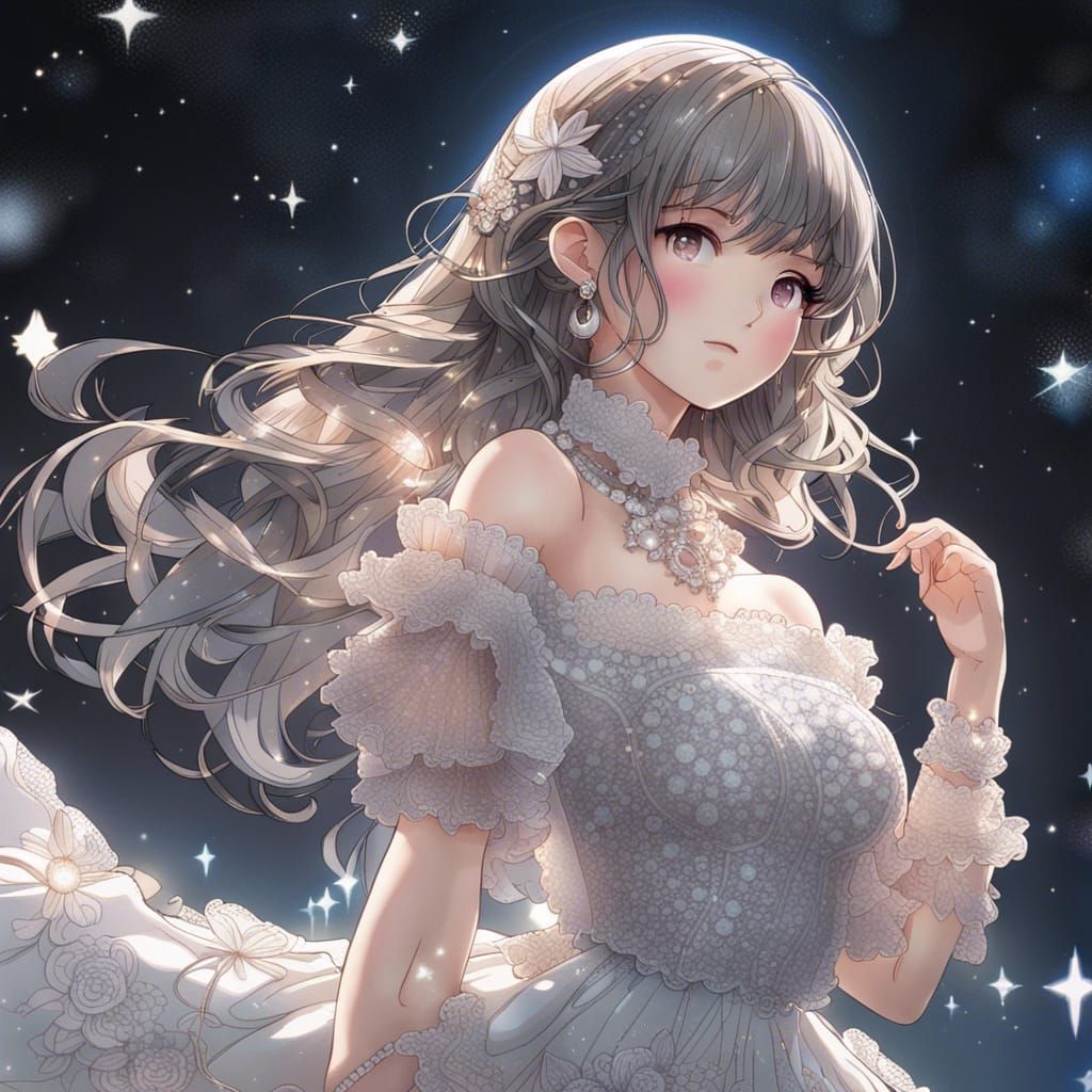 Beautiful Girl in Lace Dress Against Starry Sky
