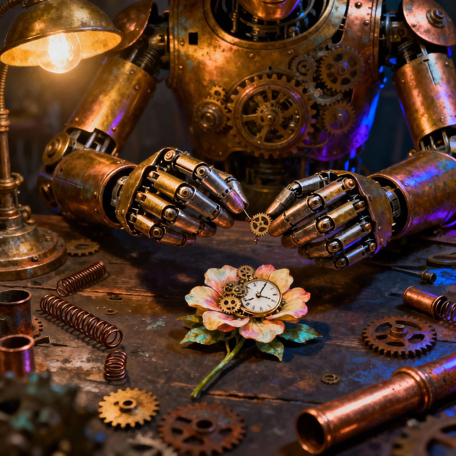 A whimsical steampunk automaton meticulously assembling a delicate clockwork flower. Gears and springs are scattered acr...