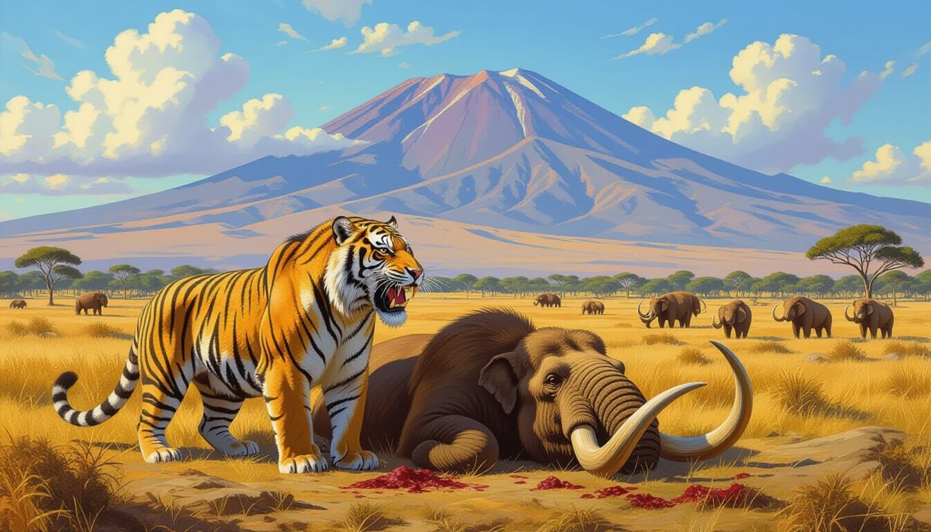 Sabre-Tooth Tiger Victory on the Savanna: Oil Painting