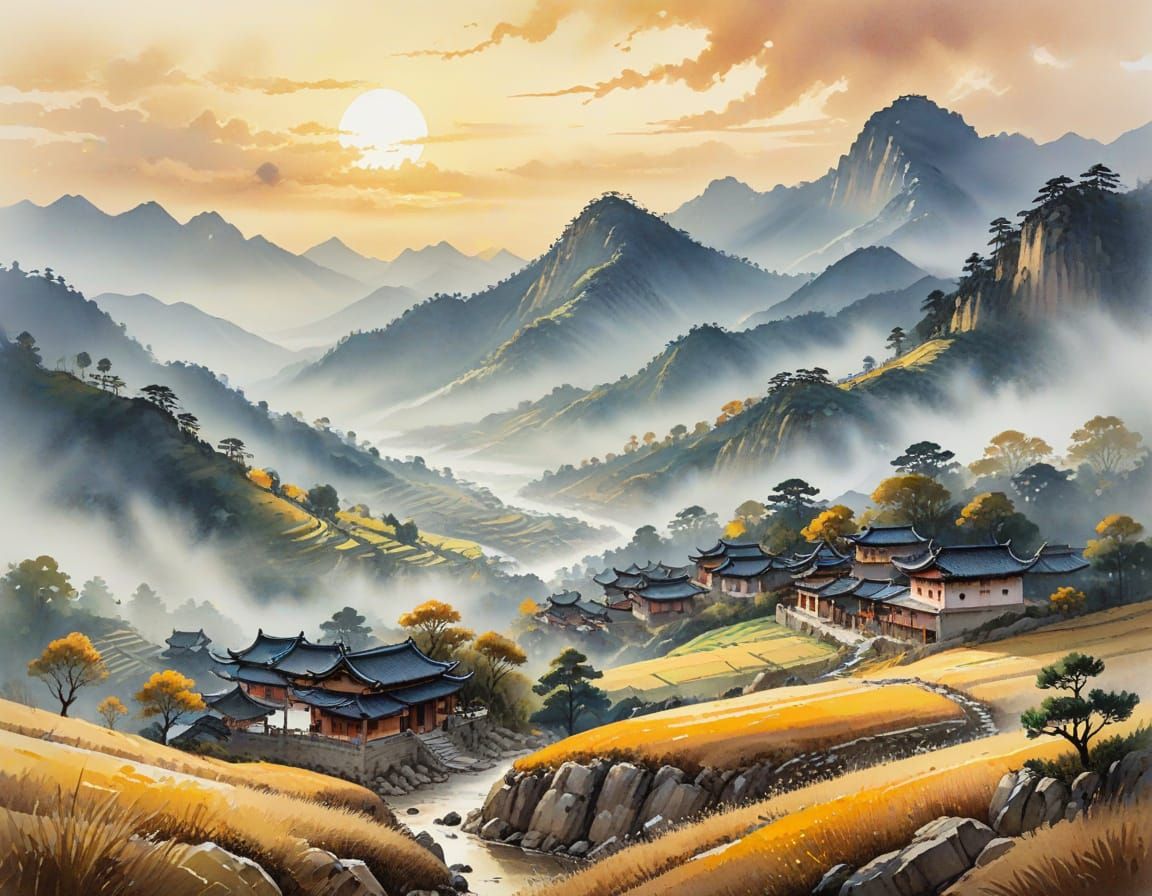 Whimsical Chinese Village Amidst Misty Mountains