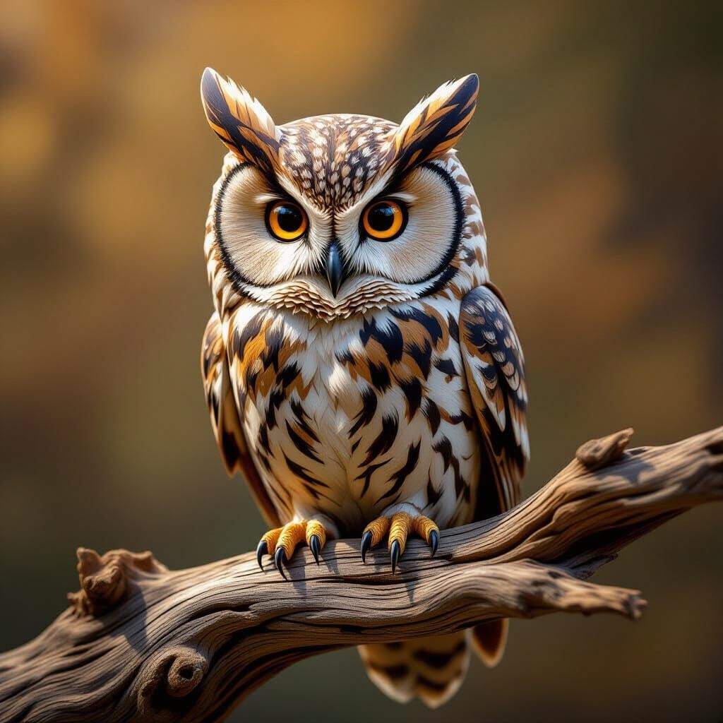 Hyperrealistic Wooden Owl Sculpture with Intricate Details