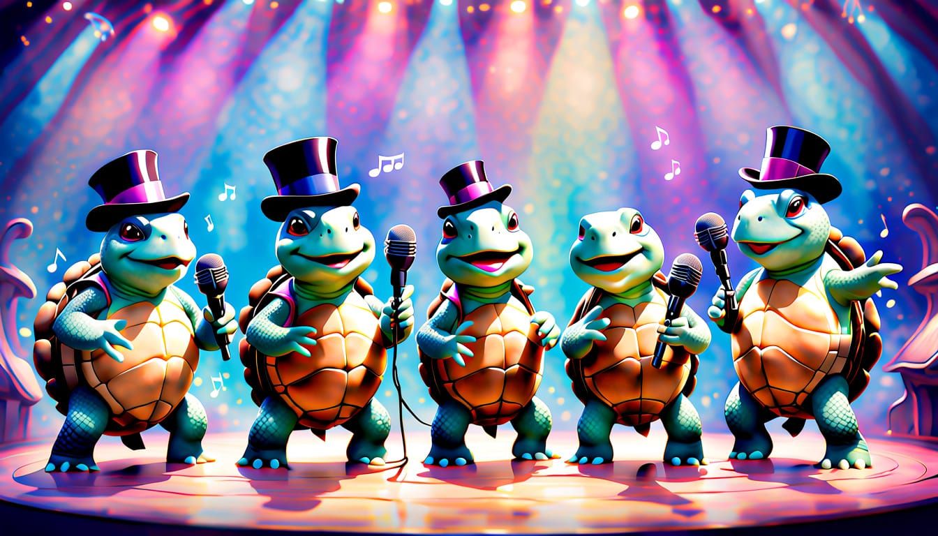 Singing Turtles on Stage in Watercolor Style