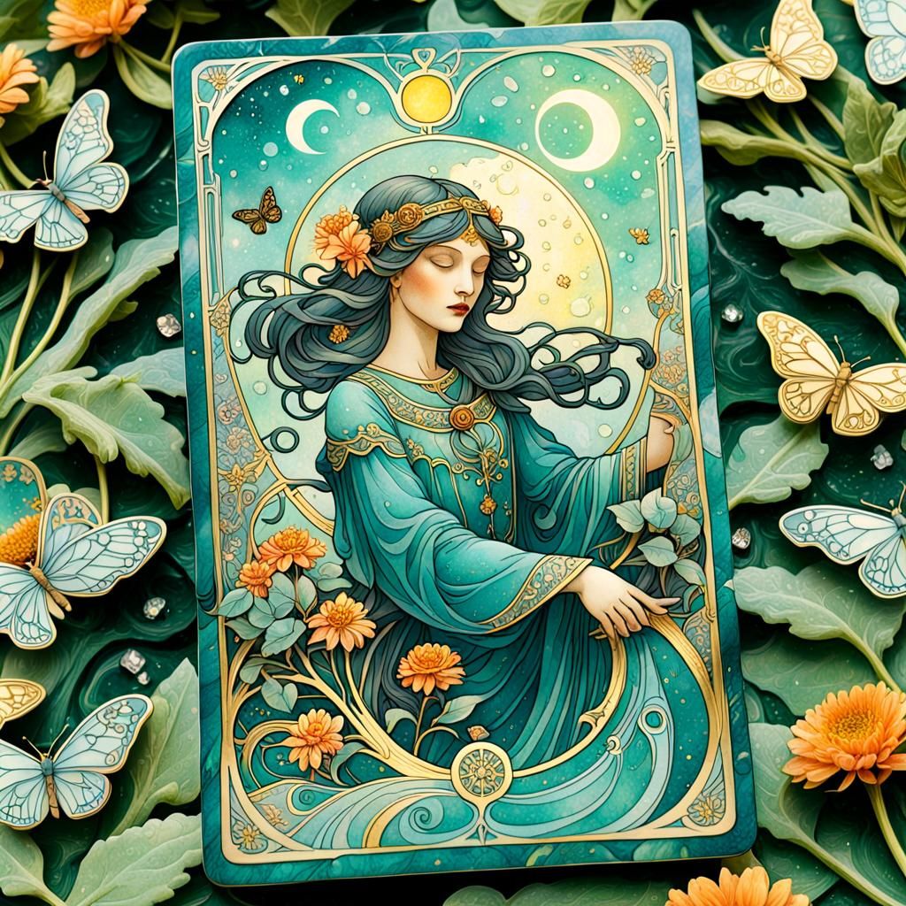 An intricate detailed Tarot card deck depicted in the Art Nouveau-inspired style depicted by Alphonse Mucha and Amanda S...