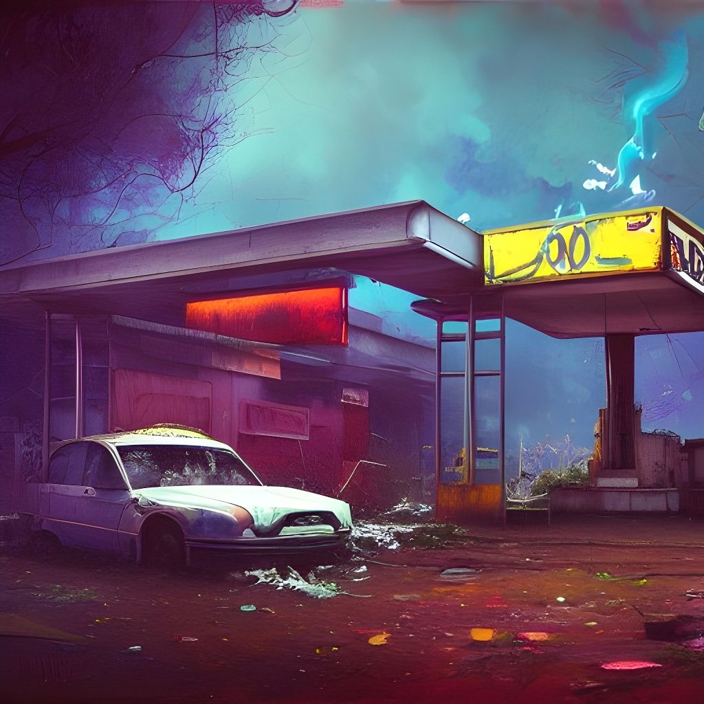 Dystopian Gas Station in Overgrown Oil Painting