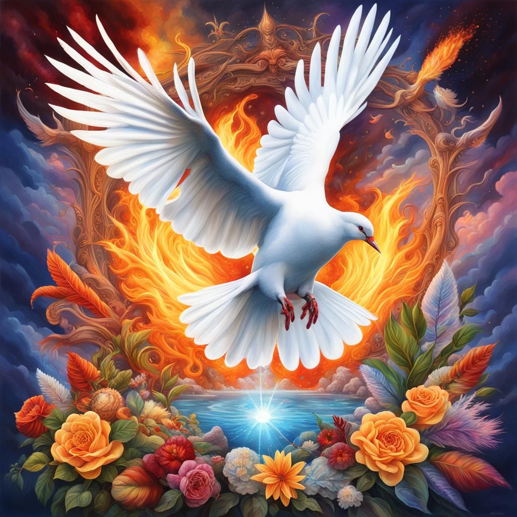 Hyperreal Dove in Fire and Flowers