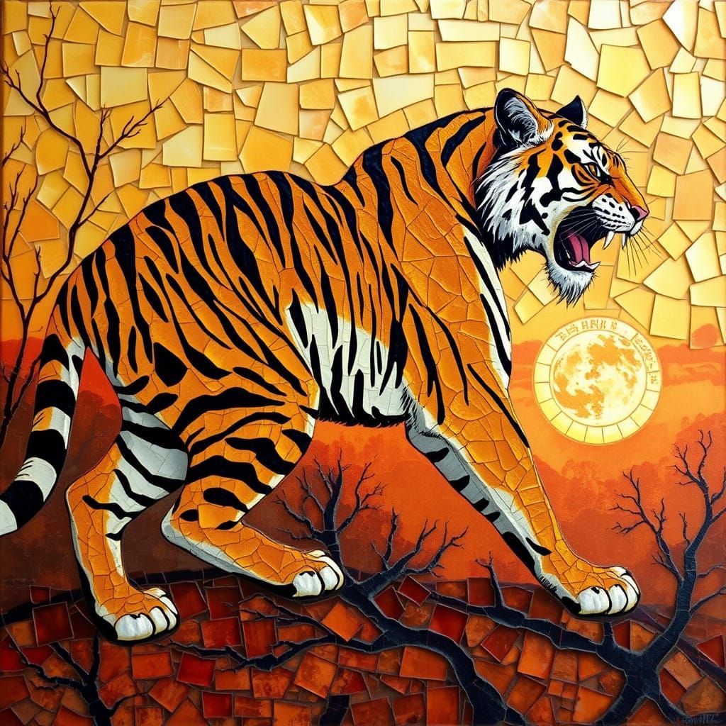 Surreal Tiger in Sunset Dreamscape with Kintsugi Texture