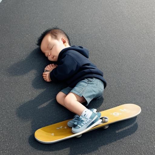 a baby sleeping on skateboard