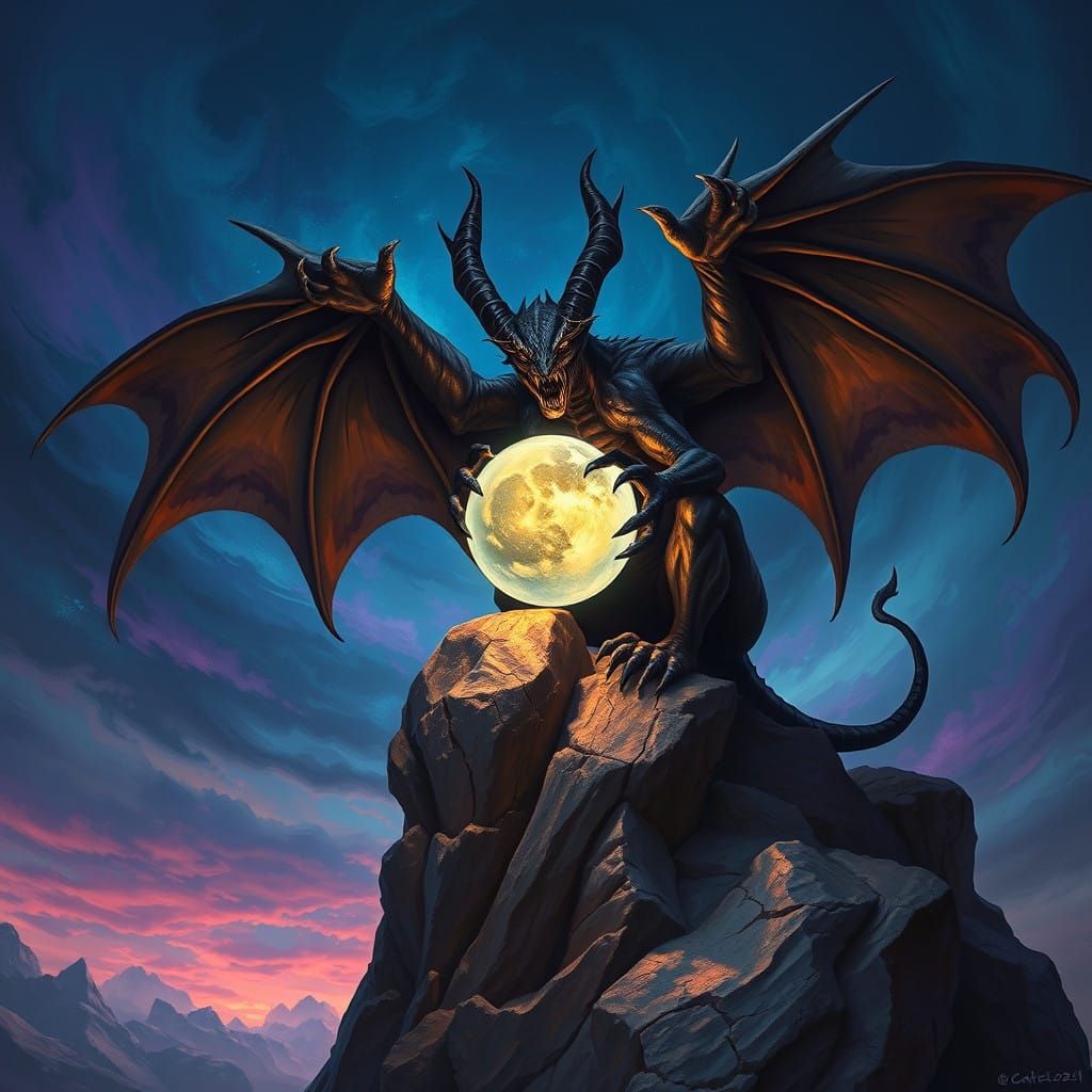 Majestic Demon Sits on Ancient Rock, Holding Glowing Globe i...