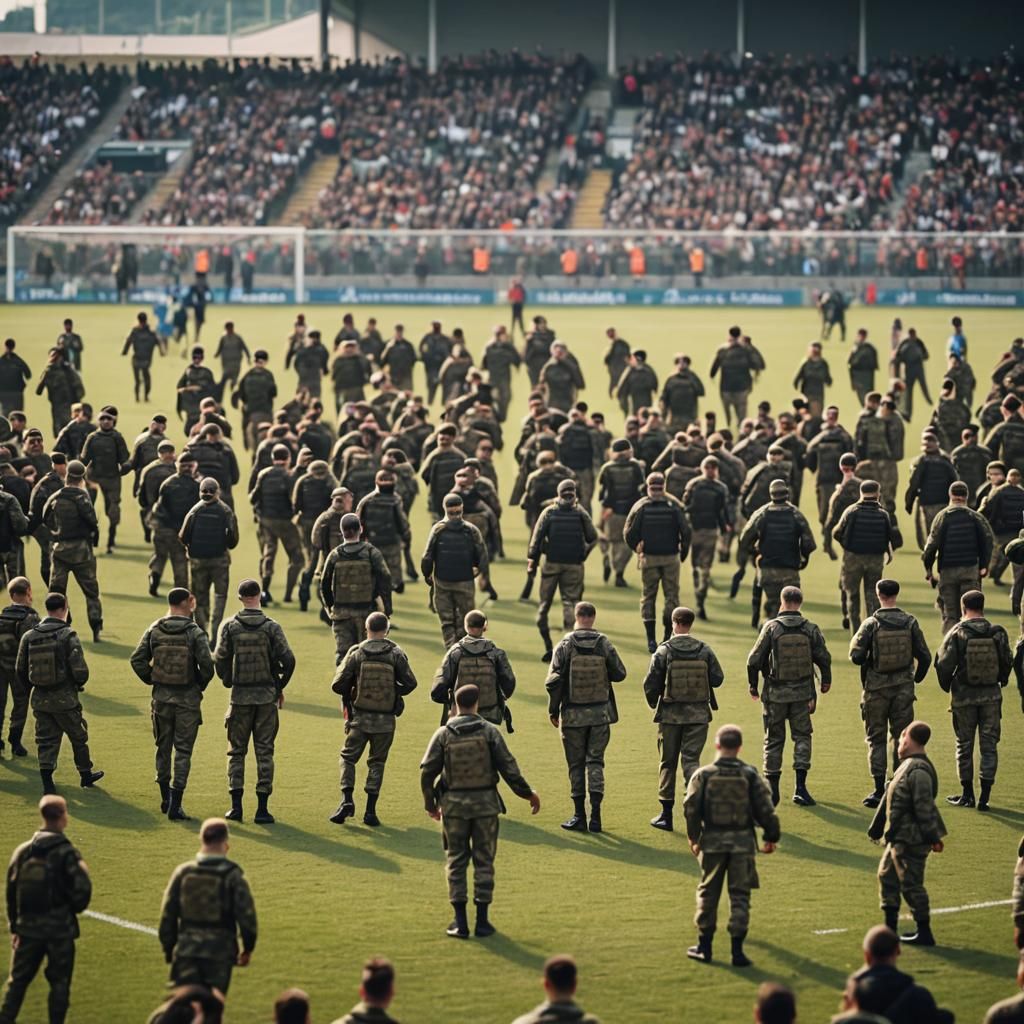 Soldiers Play Soccer in Stadium: Professional Photography