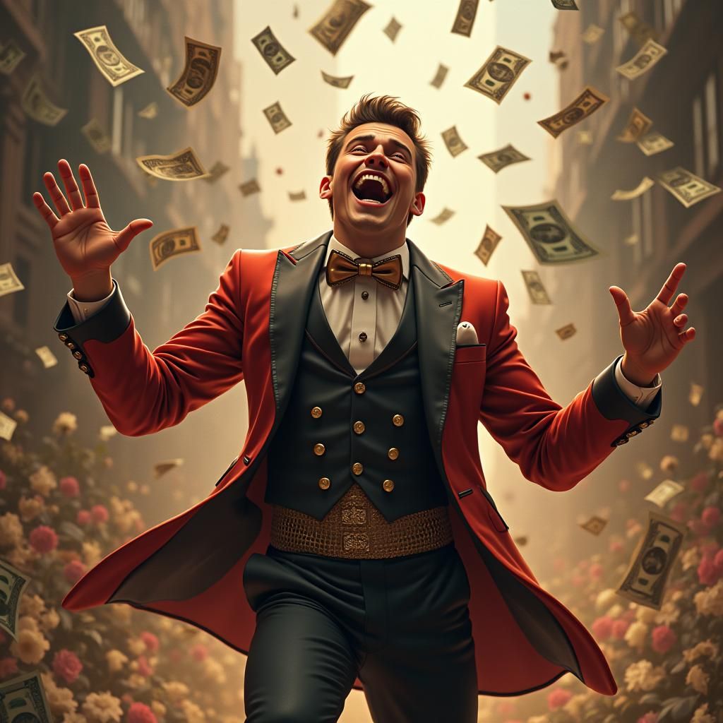 Ecstatic Man Surrounded by Treasure in Hyper-Realistic Style