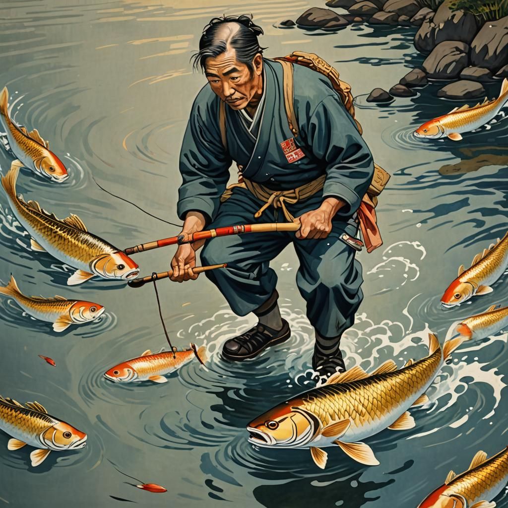Fisherman's Struggle: Ukiyo-e Oil Painting with Golden Light