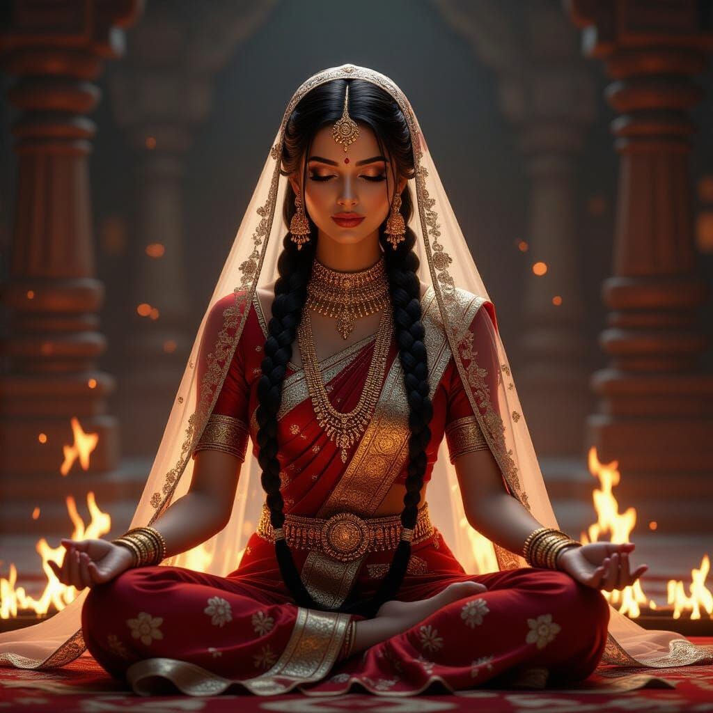 Hindu Goddess Sati Meditating in Flames