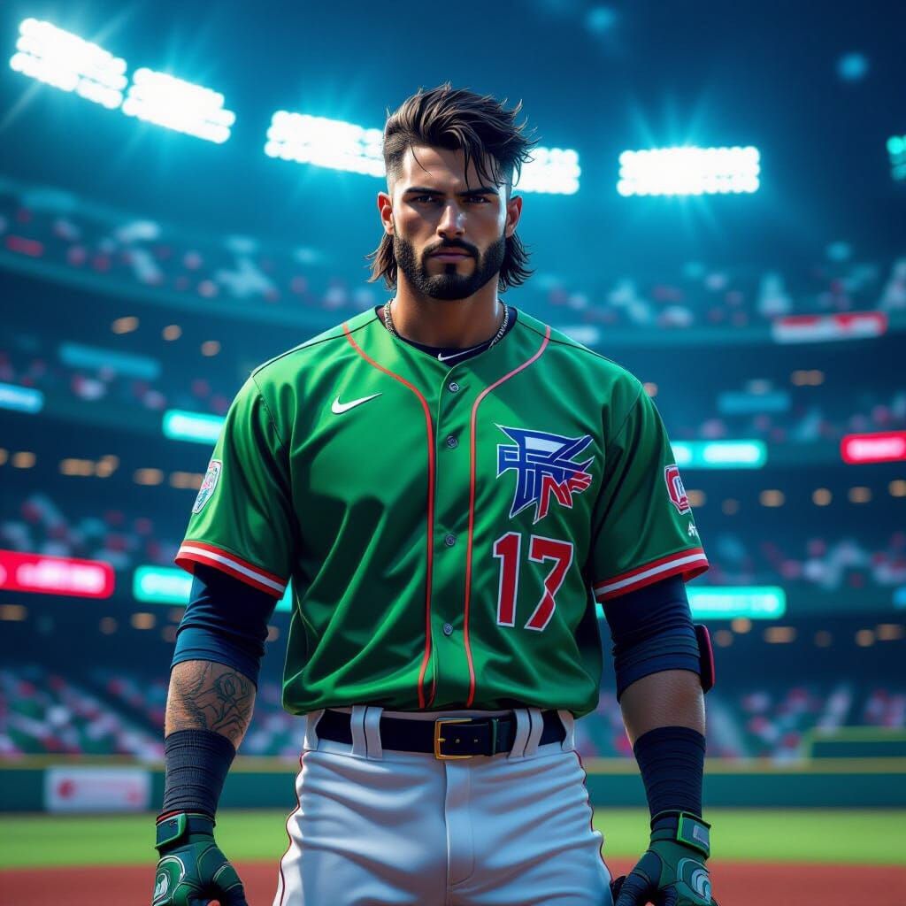 Cyberpunk Baseball Player in Neon Lit Stadium