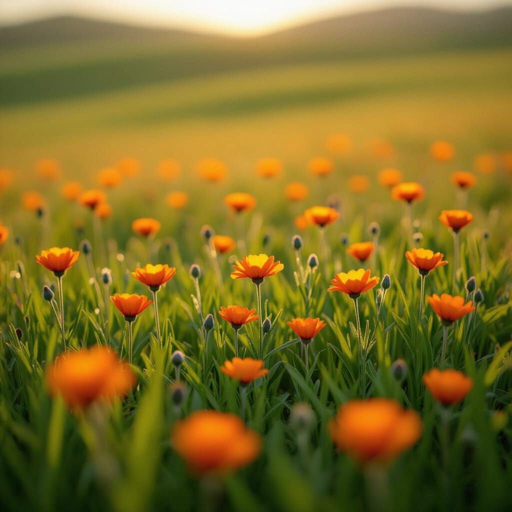 Vibrant Orange Flower Islands in Green Meadow
