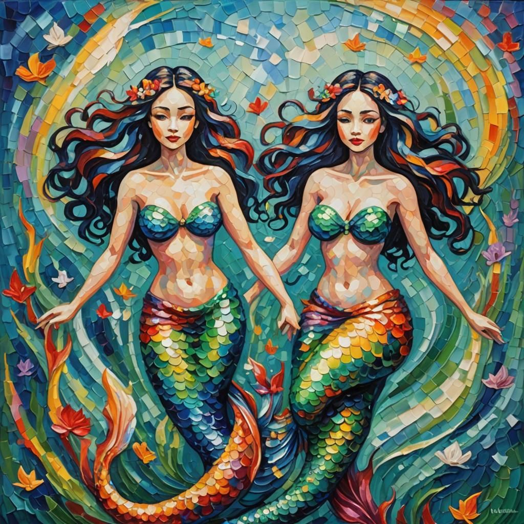 Siamese Twin Mermaids in Expressionist Oil Painting