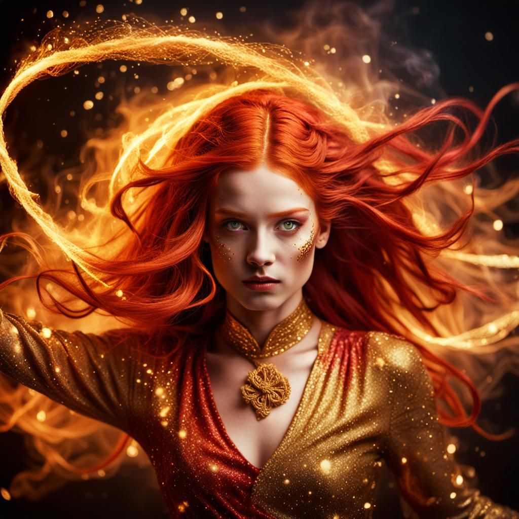 Fiery Red-Haired Dancer: Surreal Macro Portrait