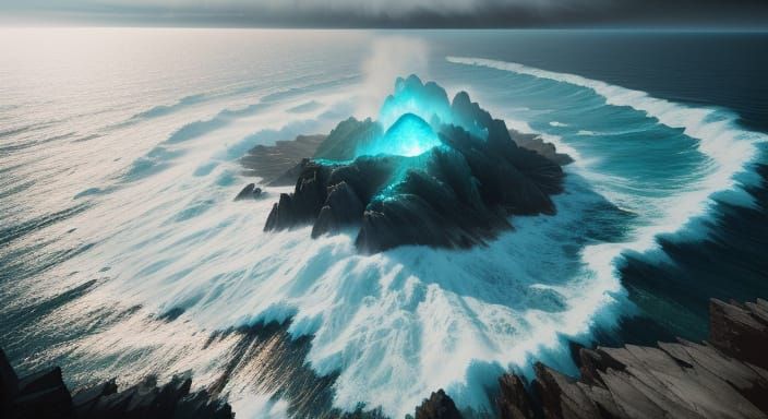 Lonely Island in Vast Ocean: Impressionistic Oil Painting