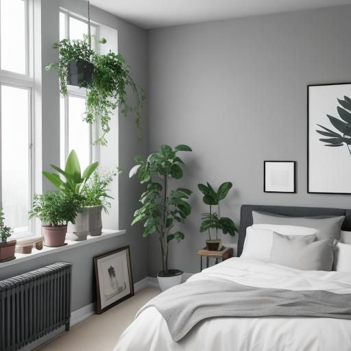 Modern Gray Bedroom Interior with Plants, Professional Photo...