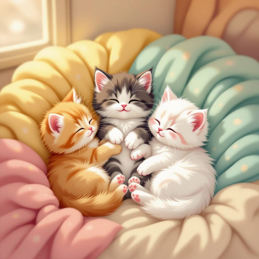 Pastel Kittens Playing in Whimsical Illustration Style
