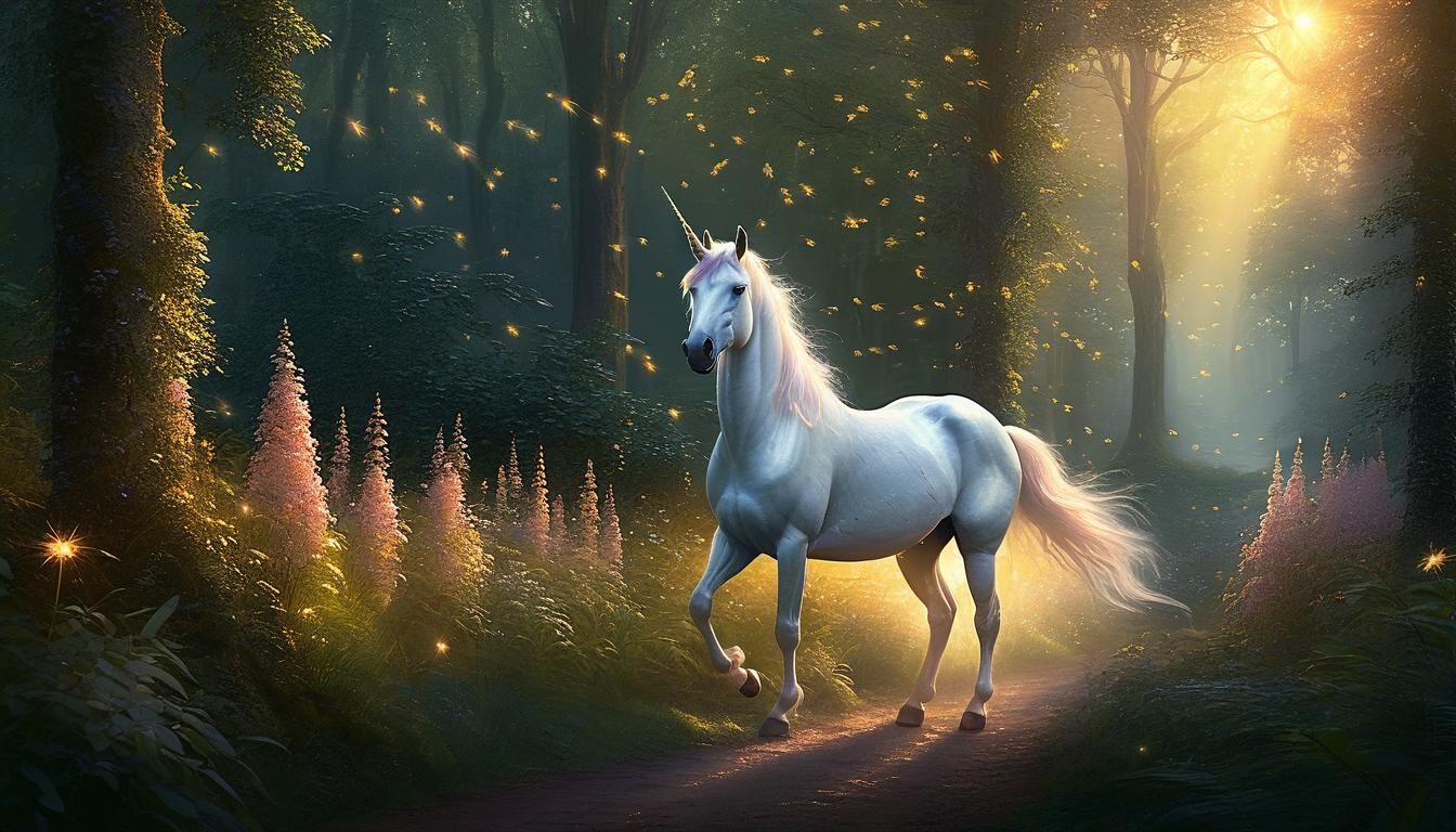 Unicorn in Mystical Forest at Golden Hour