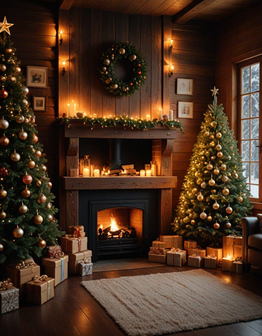 Cozy Winter Cabin Scene with Crackling Fire and Fairy Lights