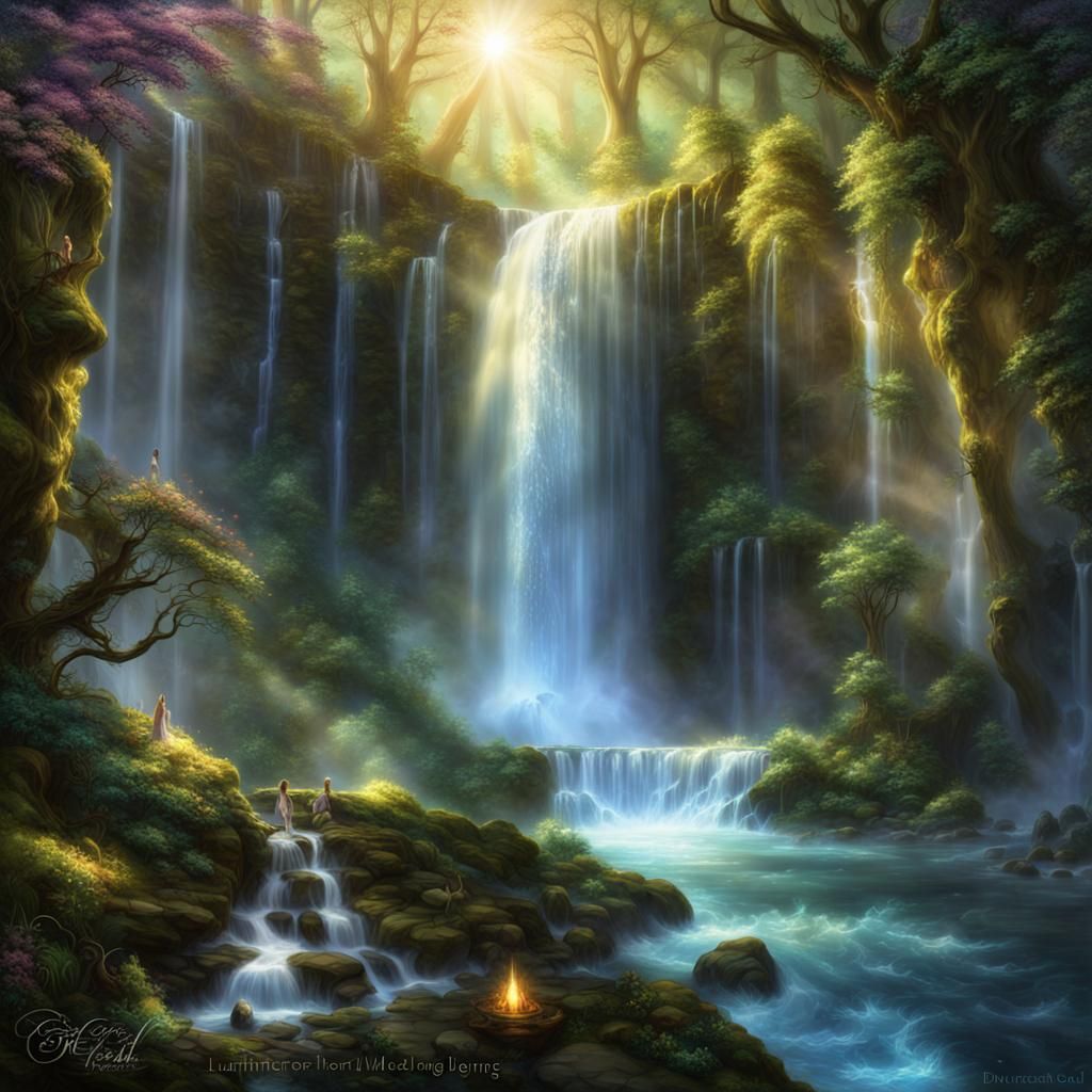 Enchanted Luminara Falls in Ancient Elven Forest