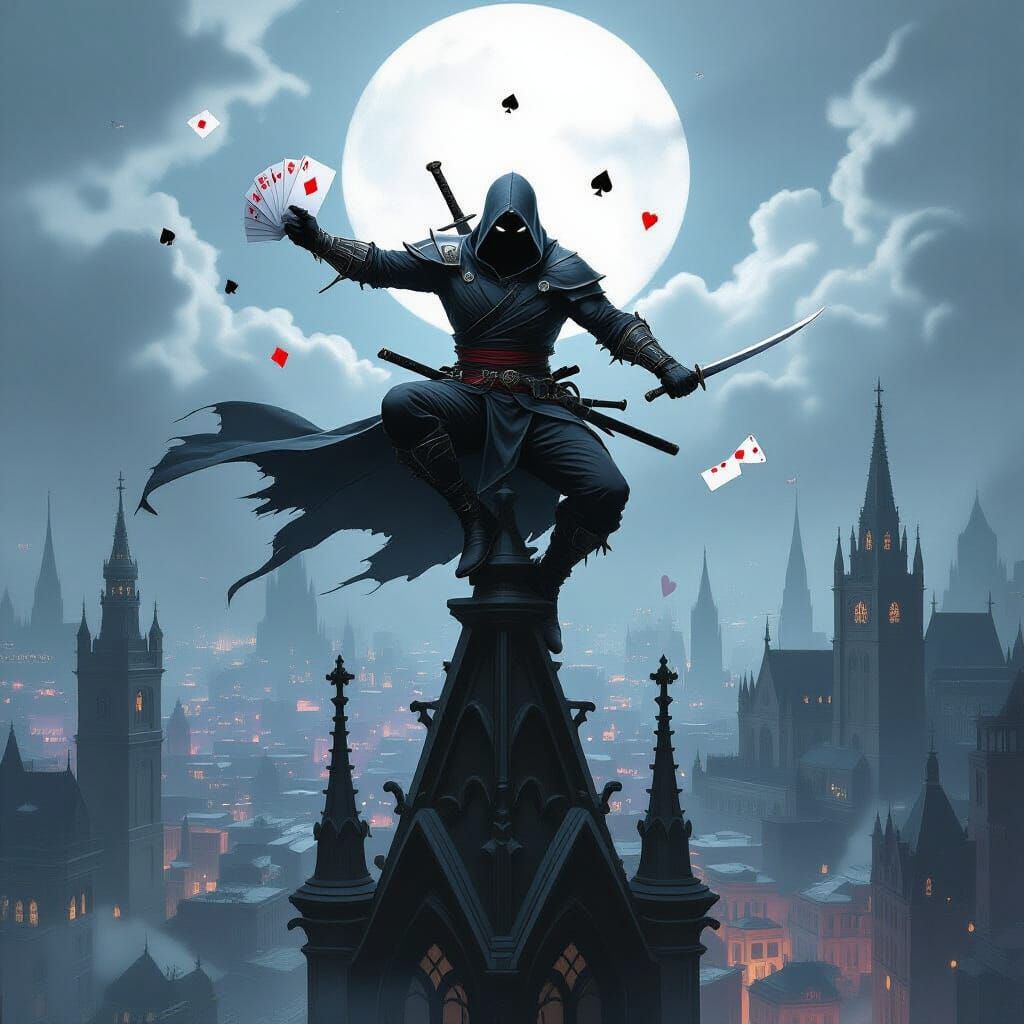 Shadowy Jack of Spades Ninja Assassin on Gothic Spire