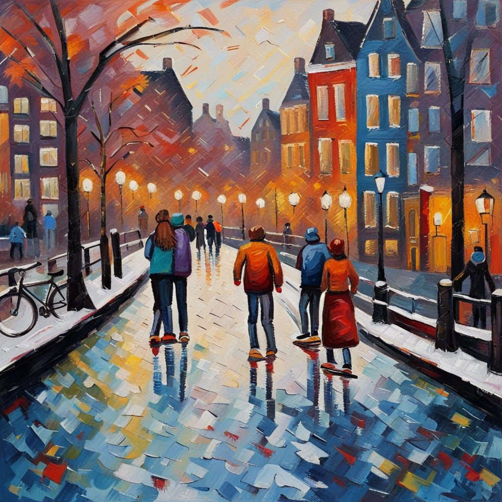 Amsterdam Canal Skating Scene in Expressionist Style