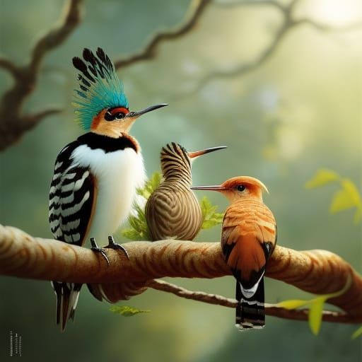 Hoopoe Bird on Floral Branch: Fairycore Oil Painting