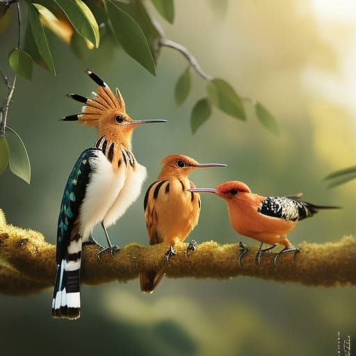 Hoopoe Bird on Flowering Branch in Hyperrealism