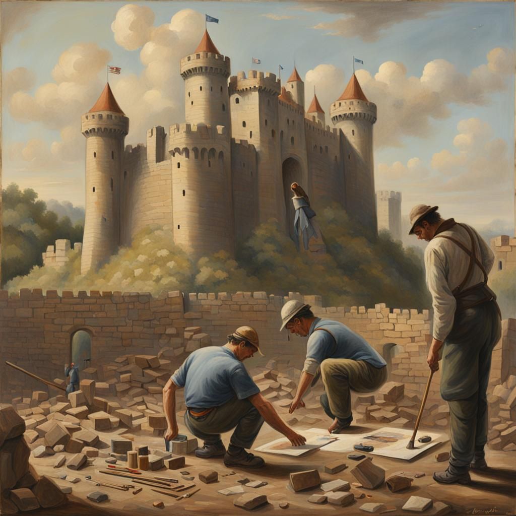 Construction Worker Painting a Castle Siege Scene
