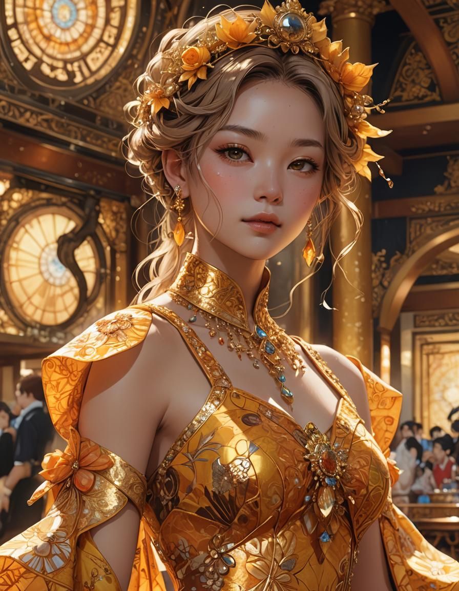 woman in a sun gown with light skin in a ballroom. deep yell...