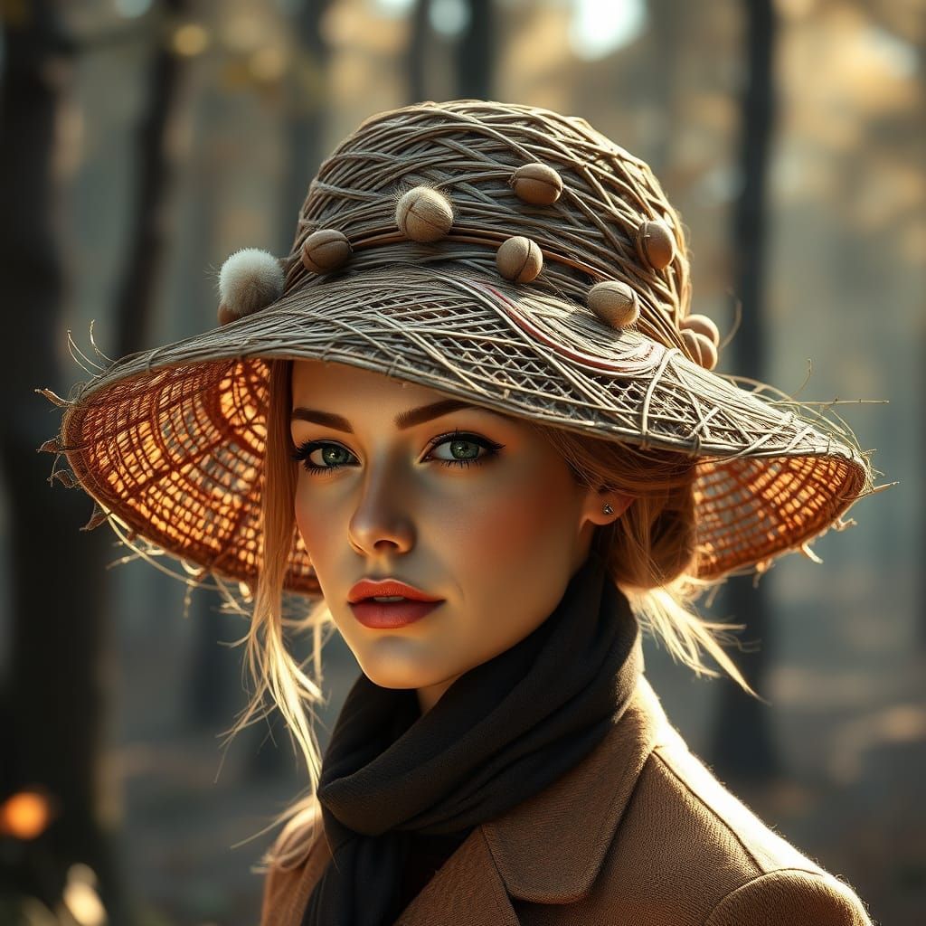 Nordic Fashionista in Autumn Forest, Detailed Woven Hat