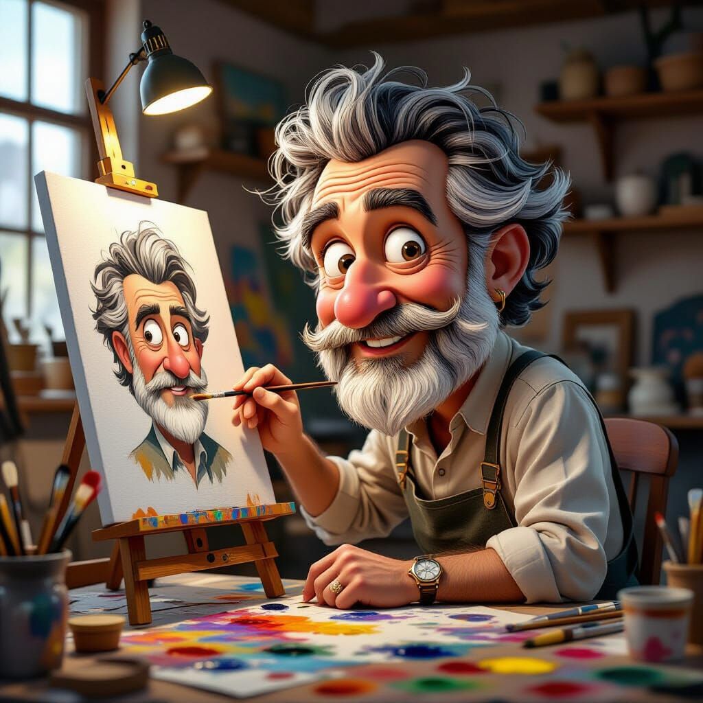 Humorous Artist Caricature in Cluttered Studio