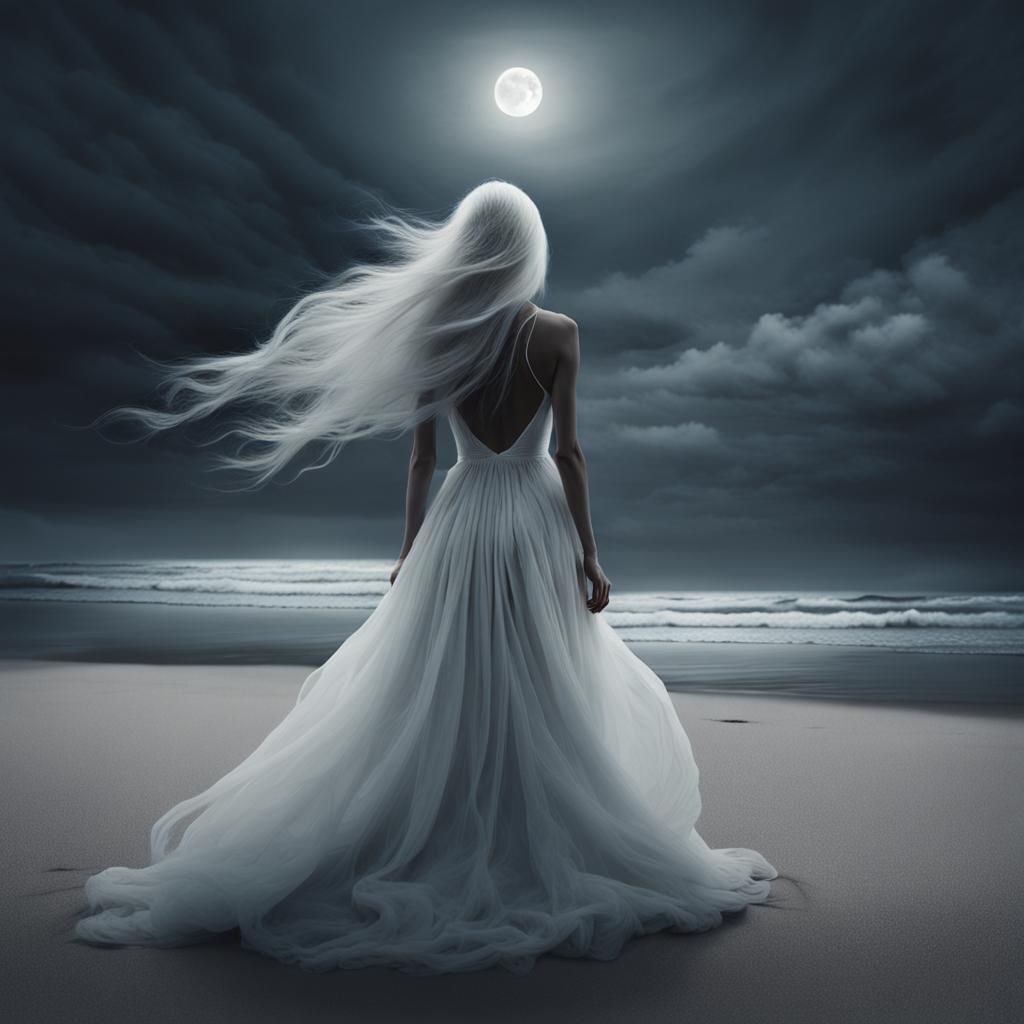 Woman on Fire at Moonlight Beach: Hyperrealistic Art