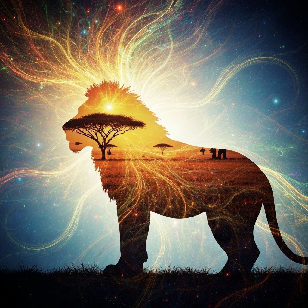 Surreal Lion Silhouette Filled with African Savanna in Fract...